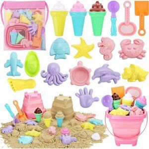 Beach Toys, Ice Cream Sand Toys with Collapsible Bucket and Shovels for Kids